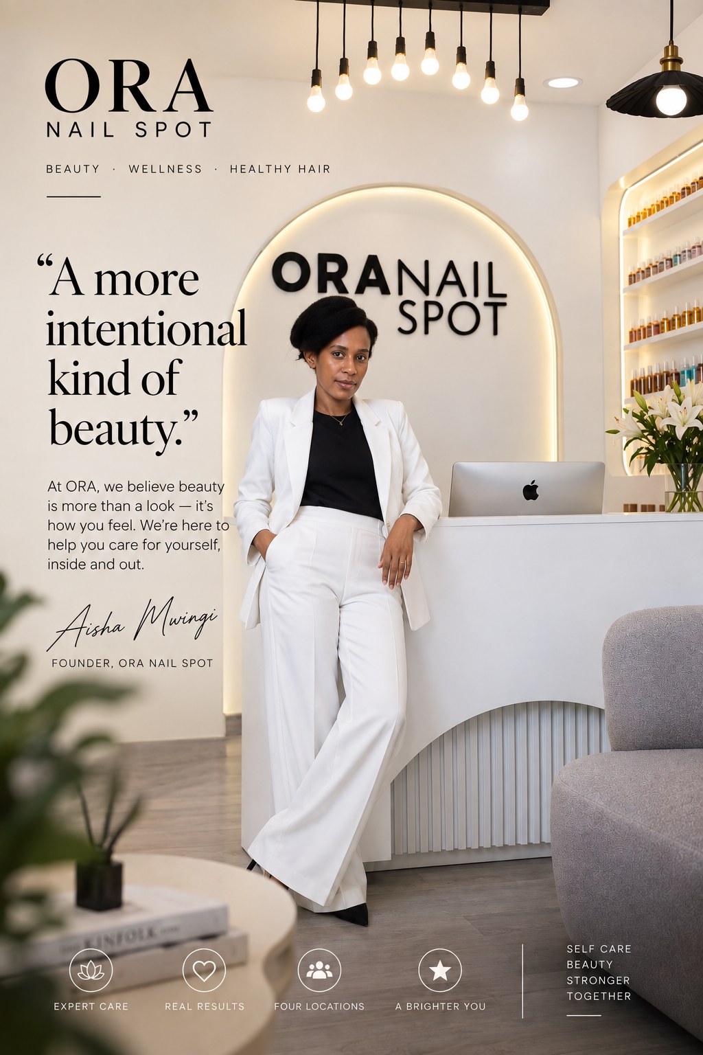 Aisha Mwingi, founder of Ora Nail Spot, at the salon reception